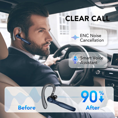 2025 New Bluetooth Headset V5.3, 100H Talk Handsfree Wireless Headset with Dual ENC Noise Canceling Mic Mute, Single Ear Headsets IP7 Waterproof, in Ear Earpiece for Driving/Office/Business