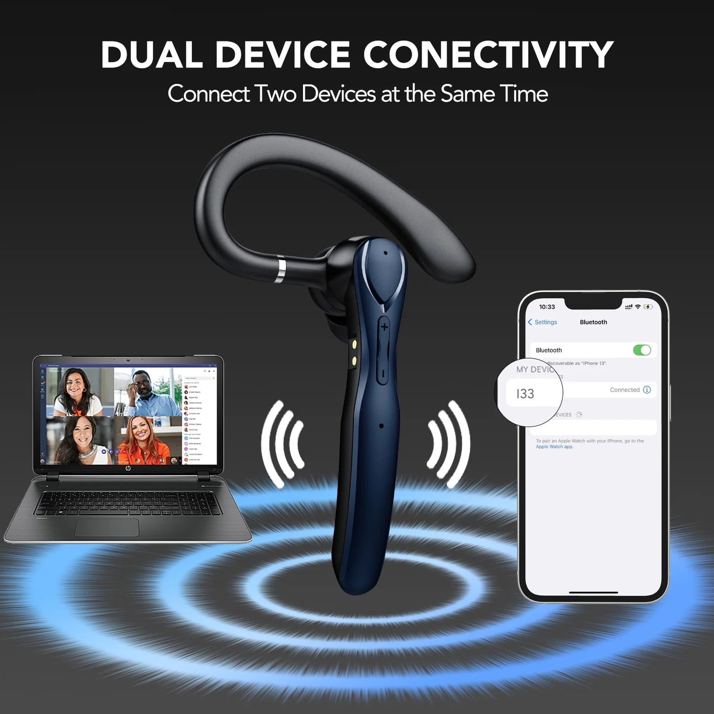 2025 New Bluetooth Headset V5.3, 100H Talk Handsfree Wireless Headset with Dual ENC Noise Canceling Mic Mute, Single Ear Headsets IP7 Waterproof, in Ear Earpiece for Driving/Office/Business