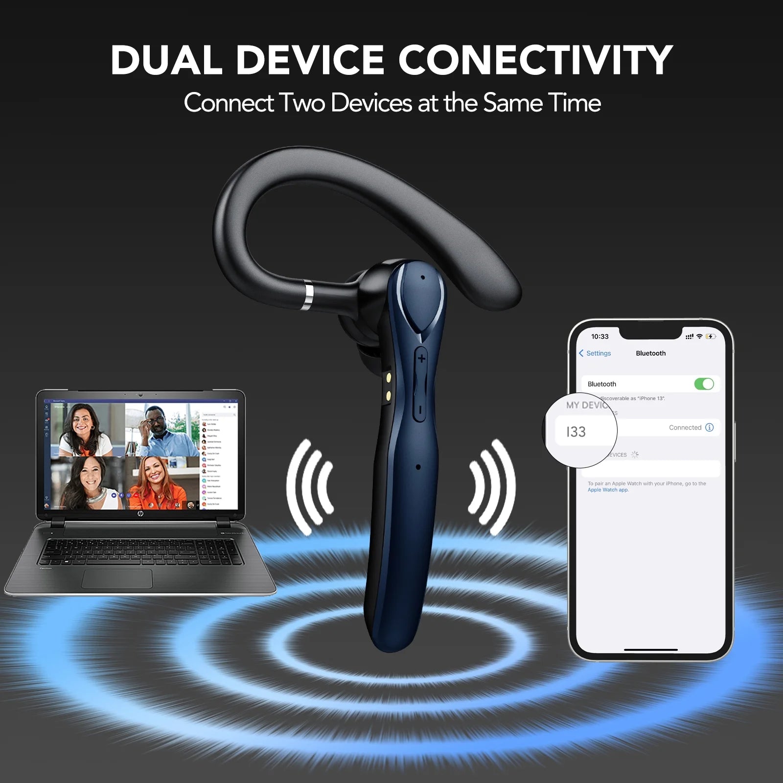 2025 New Bluetooth Headset V5.3, 100H Talk Handsfree Wireless Headset with Dual ENC Noise Canceling Mic Mute, Single Ear Headsets IP7 Waterproof, in Ear Earpiece for Driving/Office/Business