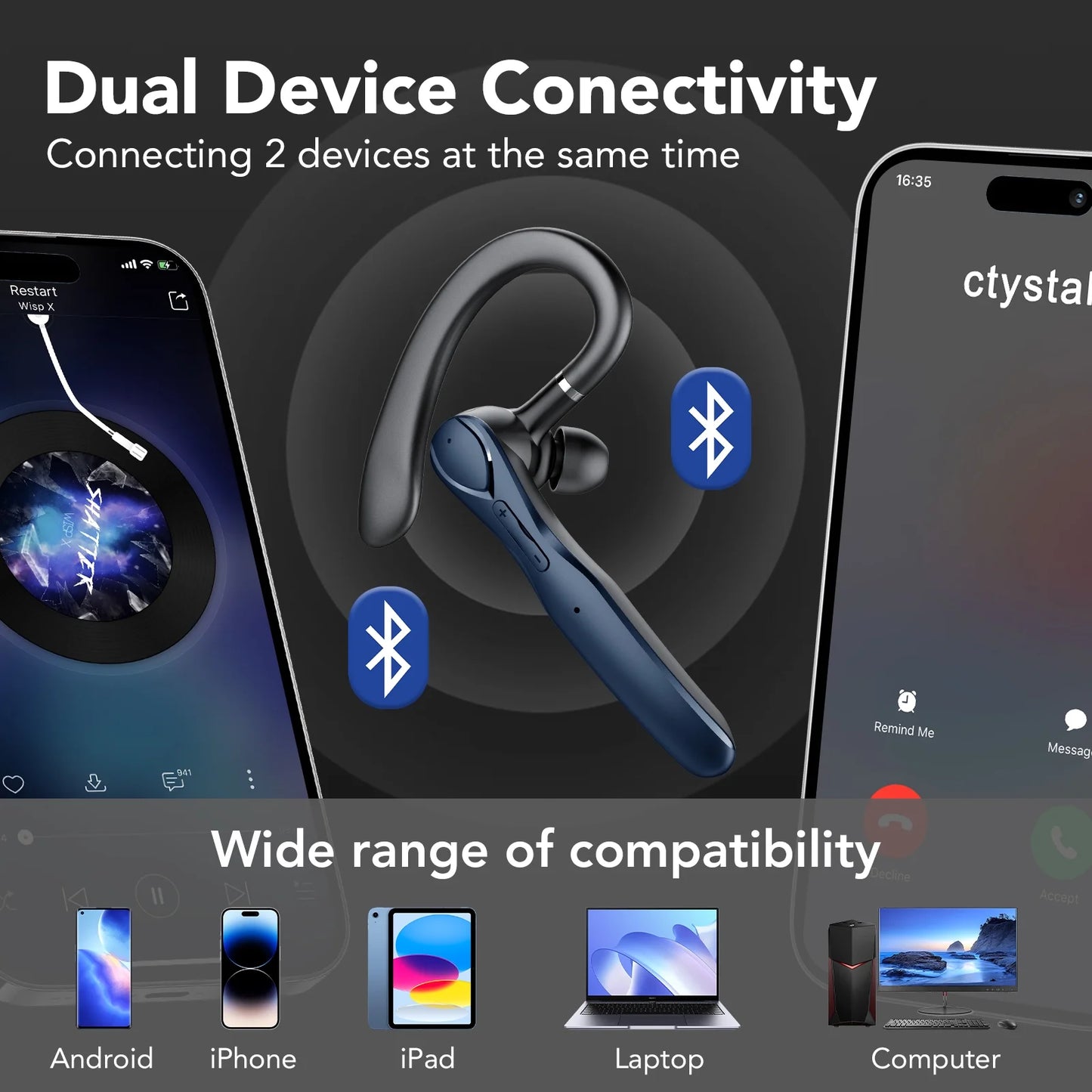 2025 New Bluetooth Headset V5.3, 100H Talk Handsfree Wireless Headset with Dual ENC Noise Canceling Mic Mute, Single Ear Headsets IP7 Waterproof, in Ear Earpiece for Driving/Office/Business