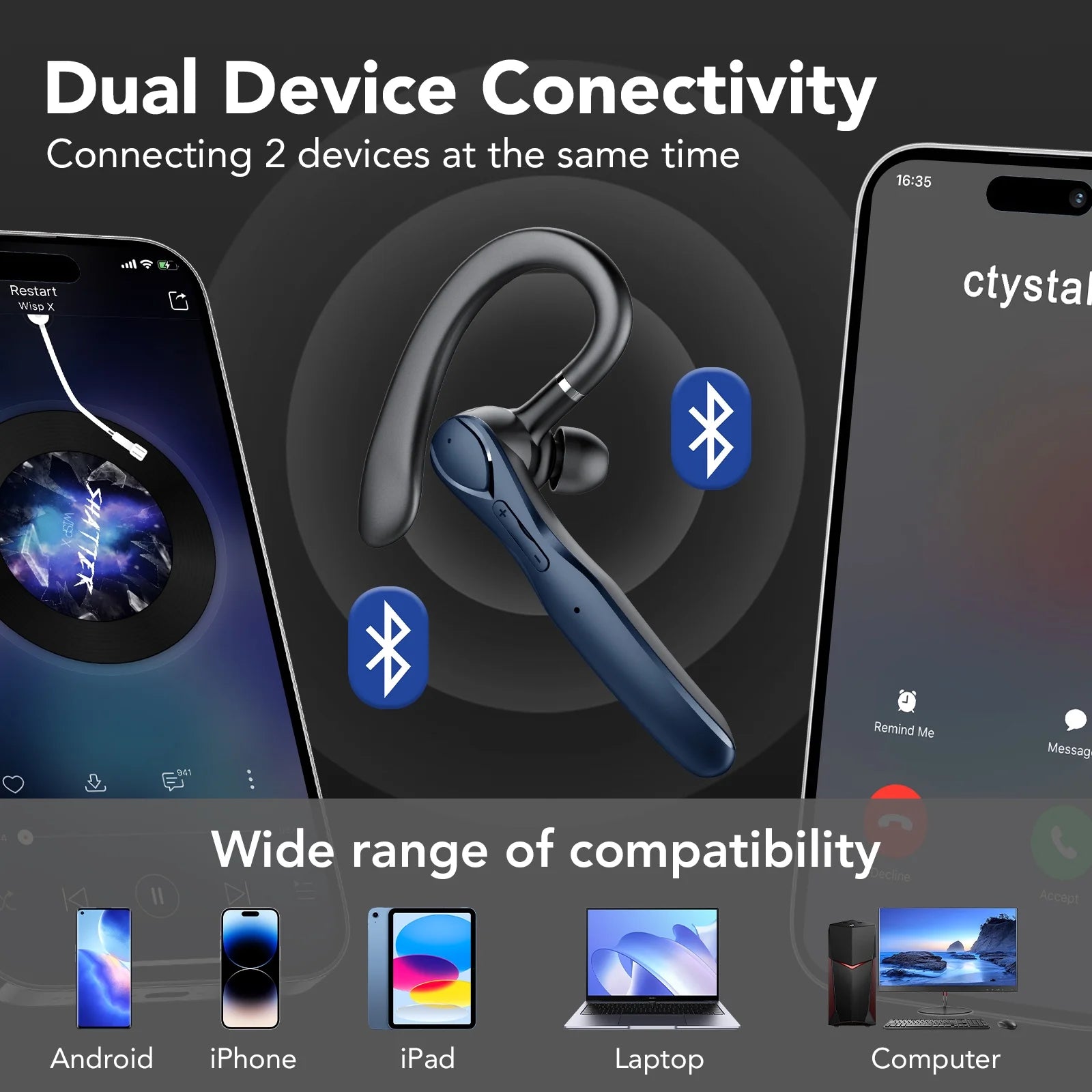2025 New Bluetooth Headset V5.3, 100H Talk Handsfree Wireless Headset with Dual ENC Noise Canceling Mic Mute, Single Ear Headsets IP7 Waterproof, in Ear Earpiece for Driving/Office/Business